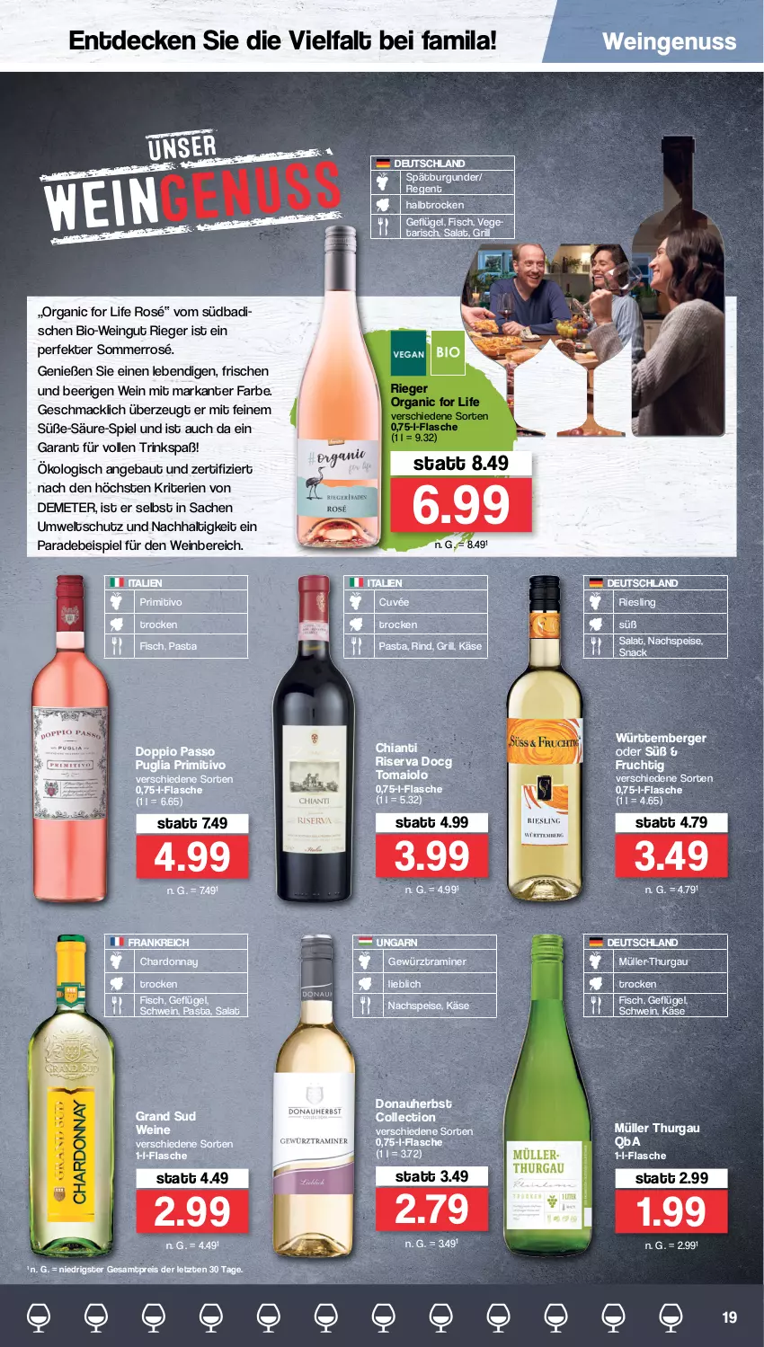 Aktueller Prospekt Famila - Prospekte - von 18.07 bis 23.07.2022 - strona 19 - produkty: Bad, Bau, Berger, bio, Bio-Wein, burgunder, chardonnay, chia, chianti, cuvée, decke, doppio passo, eis, fisch, flasche, frucht, Geflügel, gewürz, grand sud, grill, Käse, mac, Müller, Müller-Thurgau, nuss, passo, pasta, primitivo, reis, riesling, rind, riserva, sac, salat, schwein, snack, spätburgunder, Ti, Vegeta, wein, weine, ZTE