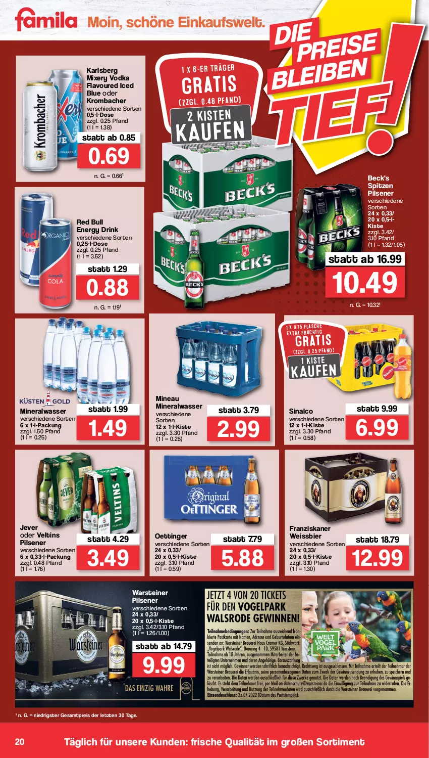 Aktueller Prospekt Famila - Prospekte - von 18.07 bis 23.07.2022 - strona 20 - produkty: Alwa, bier, drink, eis, energy drink, franziskaner, frucht, jever, karlsberg, karlsberg mixery, krombache, krombacher, mineralwasser, Mixer, mixery, oettinger, pils, pilsener, red bull, reis, sinalco, steiner, Ti, veltins, veltins pilsener, vodka, warsteiner, wasser, weissbier, ZTE