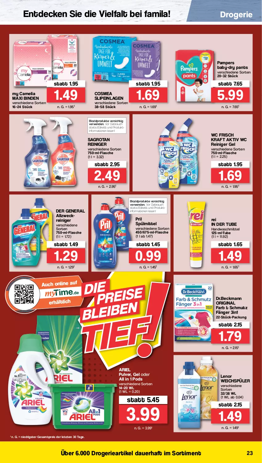 Aktueller Prospekt Famila - Prospekte - von 18.07 bis 23.07.2022 - strona 23 - produkty: ariel, auer, baby-dry, binden, bio, biozidprodukte, camelia, cosmea, decke, eis, flasche, gin, kraft, lenor, lenor weichspüler, pampers, Pants, Pods, pril, Rauch, reiniger, reiniger gel, reis, rwe, sagrotan, slip, slipeinlagen, spülmittel, Ti, waschmittel, wc frisch, WC Frisch Kraft Aktiv, weck, weichspüler, ZTE