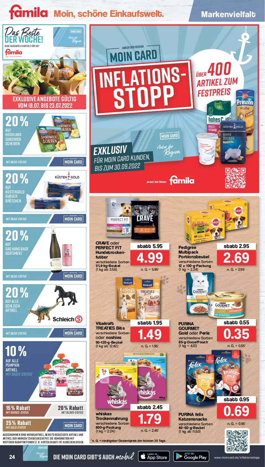 Aktueller Prospekt Famila - Prospekte - von 18.07 bis 23.07.2022 - strona 24 - produkty: angebot, angebote, beutel, brötchen, burger, eis, felix, gourmet gold, hochland, katzensnack, katzensnacks, kraft, küstengold, pedigree, Perfect Fit, portionsbeutel, purina, reis, sandwich, Schleich, snack, snacks, Tchibo, Ti, trockenfutter, Trockennahrung, vita, vitakraft, whiskas, ZTE