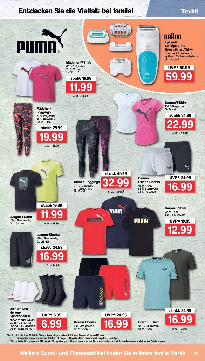 Aktueller Prospekt Famila - Prospekte - von 18.07 bis 23.07.2022 - strona 31 - produkty: Bau, baumwolle, decke, eis, elle, epilierer, gin, herren-shorts, herren-t-shirt, latte, leggings, reis, shirt, shorts, socken, Sport, sportsocken, T-Shirt, teller, Ti, wolle, ZTE