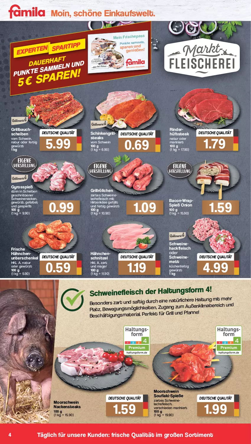 Aktueller Prospekt Famila - Prospekte - von 18.07 bis 23.07.2022 - strona 4 - produkty: bacon, Bau, eis, fleisch, Frische Hähnchen, gewürz, grill, grill und pfanne, Grillbauch, gyros, hackfleisch, henkel, hirtenkäse, hüftsteak, Käse, küche, Küchen, lachs, mab, mac, Mett, Nackensteak, nackensteaks, natur, pfanne, Ria, rind, rinder, saft, schenkel, schinken, schnitten, schnitzel, schwein, schweine, schweinefleisch, schweinenacken, steak, steaks, Ti, und pfanne, wein, weine, wrap, wraps