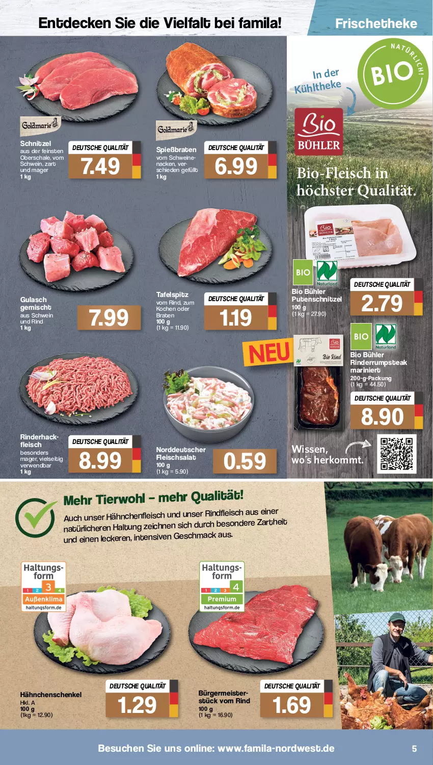 Aktueller Prospekt Famila - Prospekte - von 18.07 bis 23.07.2022 - strona 5 - produkty: bio, braten, decke, eis, fleisch, fleischsalat, Germ, gulasch, hackfleisch, Hähnchenfleisch, hähnchenschenkel, henkel, Meister, pute, putenschnitzel, rind, rinder, rinderhackfleisch, rindfleisch, rum, rumpsteak, rwe, salat, Schal, Schale, schenkel, schnitzel, schwein, schwein und rind, schweine, steak, tafelspitz, Ti, wein, weine