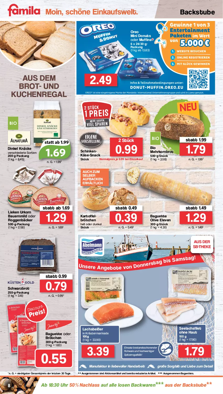 Aktueller Prospekt Famila - Prospekte - von 18.07 bis 23.07.2022 - strona 8 - produkty: auer, backwaren, baguette, baguettes, Bau, Bauer, bio, brot, brötchen, Donut, donuts, eis, Faktu, filet, kartoffel, Käse, korn, Kornbrot, kräuter, kuchen, lachs, lachsfilet, lieken, marinade, Muffin, muffins, olive, oreo, regal, reis, schinken, Schwarzbrot, seelachsfilet, snack, spitzenqualität, stube, Ti, uhr, urkorn, ZTE