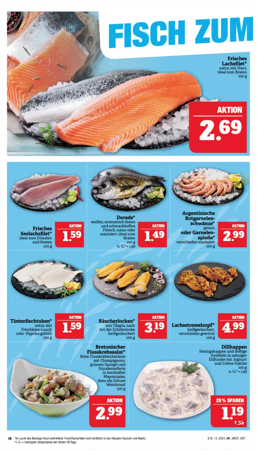 Aktueller Prospekt Marktkauf - Prospekt - von 24.03 bis 30.03.2024 - strona 18 - produkty: Bau, braten, champignon, champignons, Dorade, eis, elle, filet, fisch, fleisch, Flusskrebssalat, frischfisch, gewürz, hering, Herings, Heringshappen, ideal zum braten, joghur, joghurt, Krebs, lachs, lachsfilet, mayonnaise, natur, paprika, reis, ring, salat, seelachsfilet, spargel, stauden, Ti, Tilapia, tisch, wein, weinbrand, Yo, ZTE, zwiebel, zwiebeln