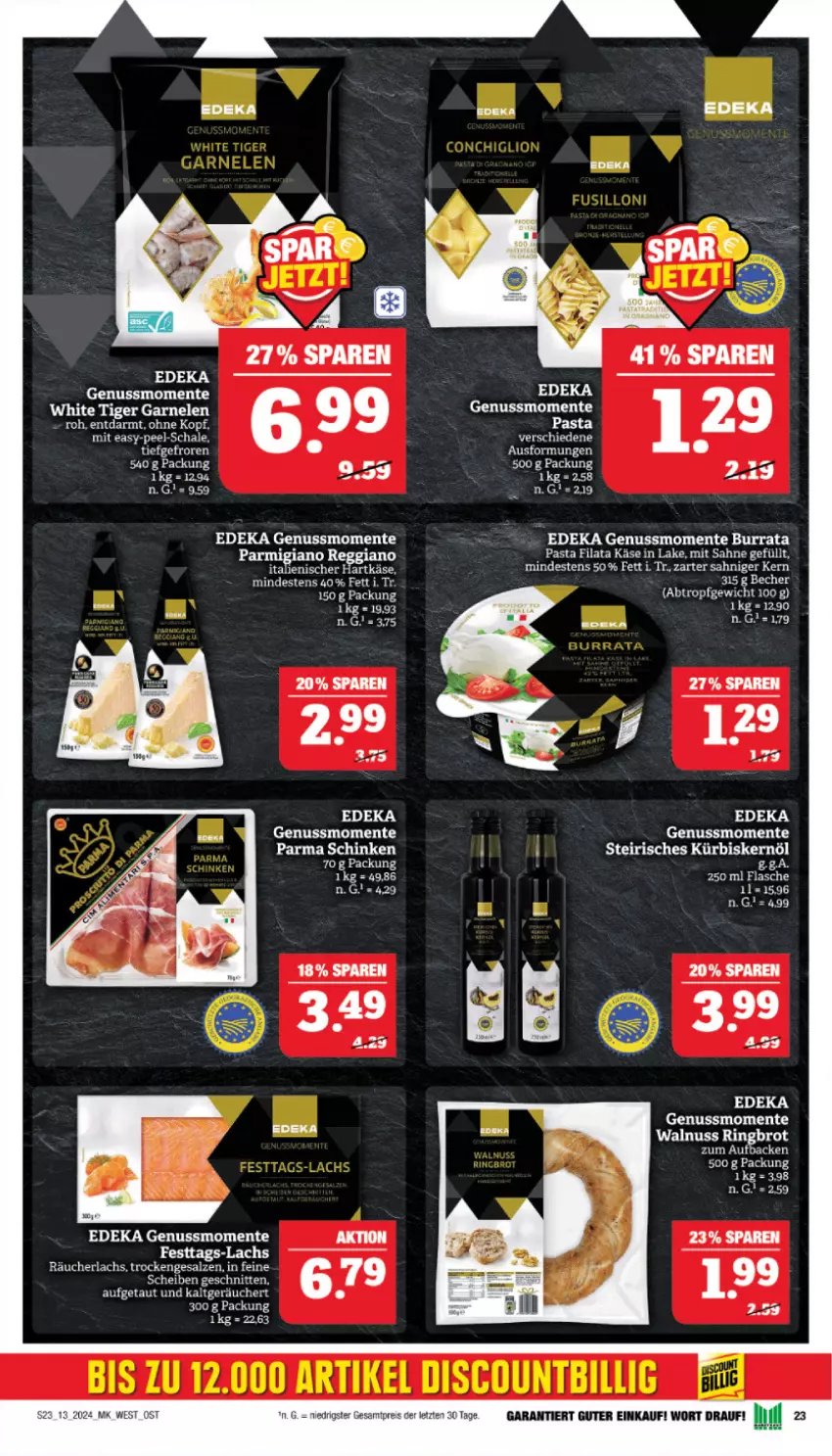 Aktueller Prospekt Marktkauf - Prospekt - von 24.03 bis 30.03.2024 - strona 23 - produkty: Becher, brot, Burrata, deka, eis, ente, flasche, garnelen, hartkäse, italienischer hartkäse, Käse, Kürbis, Kürbiskernöl, lachs, nuss, parmigiano, parmigiano reggiano, pasta, Räucherlachs, reggiano, reis, ring, sahne, salz, Schal, Schale, schinken, schnitten, Ti, walnuss, ZTE