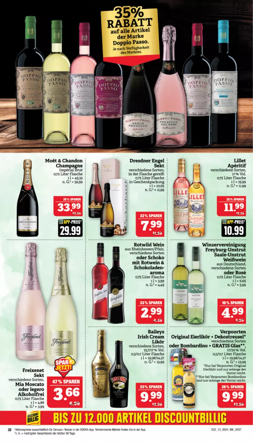 Aktueller Prospekt Marktkauf - Prospekt - von 24.03 bis 30.03.2024 - strona 32 - produkty: aktionspreis, alkohol, aperitif, baileys, deka, doppio passo, ecco, eier, eierlikör, eis, Engel, flasche, freixenet, geschenkpackung, gin, irish cream, likör, lillet, nuss, passo, prosecco, Reinigung, reis, Ria, rotwein, schoko, schokolade, schokoladen, sekt, Ti, verpoorten, wein, Weißwein, Wild, ZTE