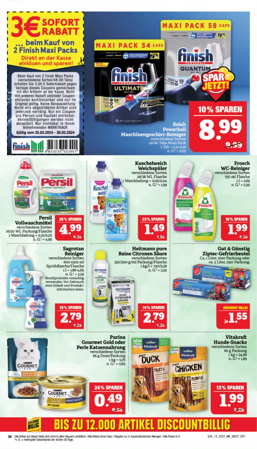 Aktueller Prospekt Marktkauf - Prospekt - von 24.03 bis 30.03.2024 - strona 34 - produkty: bio, biozidprodukte, coupon, coupons, eis, erde, Finish, flasche, Frosch, geschirr, gin, gourmet gold, heitmann, Kuschelweich, persil, purina, Rauch, reiniger, reis, rwe, sagrotan, sofortrabatt, sprühflasche, Ti, uhr, vollwaschmittel, waschmittel, wc-reiniger, weichspüler, ZTE