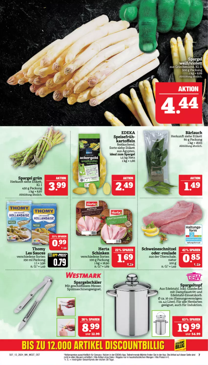 Aktueller Prospekt Marktkauf - Prospekt - von 24.03 bis 30.03.2024 - strona 7 - produkty: aktionspreis, aust, decke, deka, edelstahl, eis, herdarten, herta, hollandaise, kartoffel, kartoffeln, korb, messer, natur, nuss, Pfau, reis, sauce, Schal, Schale, schinken, schnitzel, schwein, schweine, schweineschnitzel, spargel, spülmaschinen, thomy, Ti, topf, wein, weine, ZTE