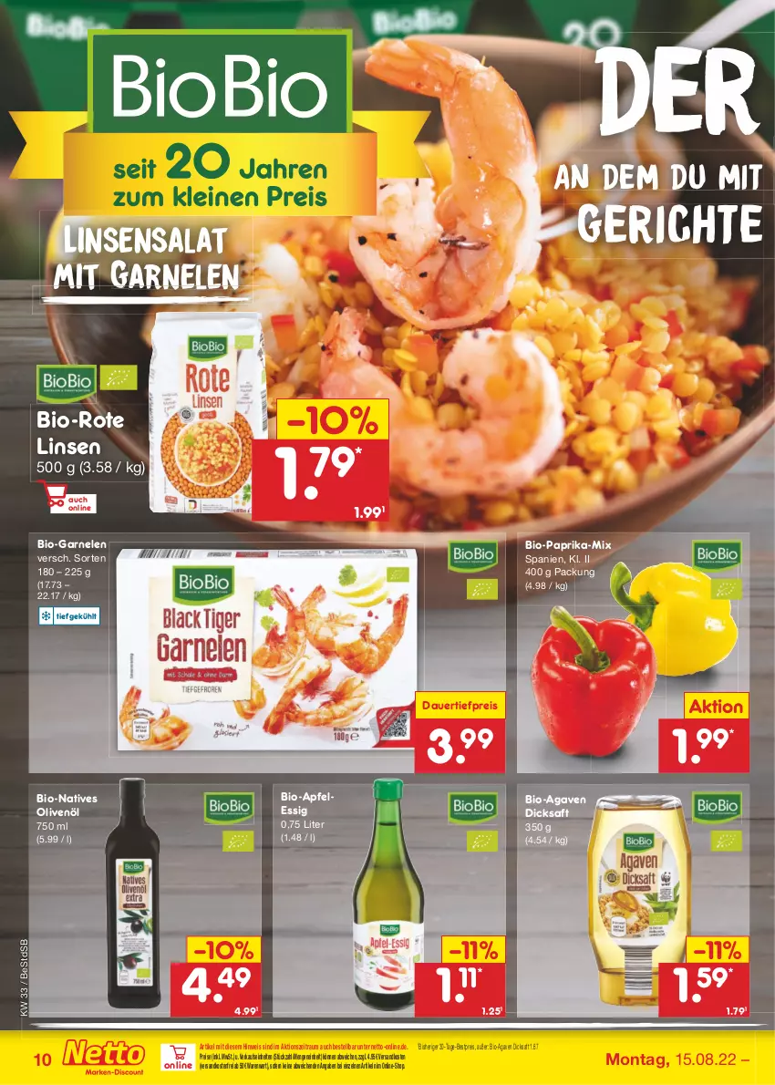 Aktueller Prospekt Netto Marken-Discount - Filial-Angebote - von 15.08 bis 20.08.2022 - strona 10 - produkty: agaven, apfel, apfelessig, auer, bestpreis, bio, Bio-Paprika, dauertiefpreis, dicksaft, eis, essig, garnelen, linsen, natives olivenöl, ndk, olive, oliven, olivenöl, paprika, reis, Rote Linsen, saft, salat, Ti, tiefpreis, versandkostenfrei