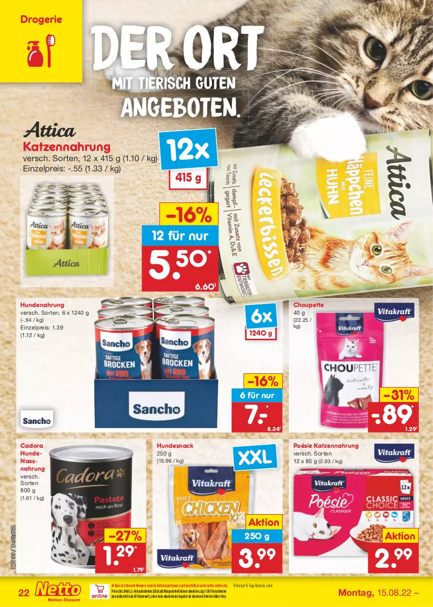 Aktueller Prospekt Netto Marken-Discount - Filial-Angebote - von 15.08 bis 20.08.2022 - strona 22 - produkty: angebot, angebote, bestpreis, eis, hundenahrung, hundesnack, katzennahrung, Nassnahrung, ndk, reis, snack, Ti, versandkostenfrei