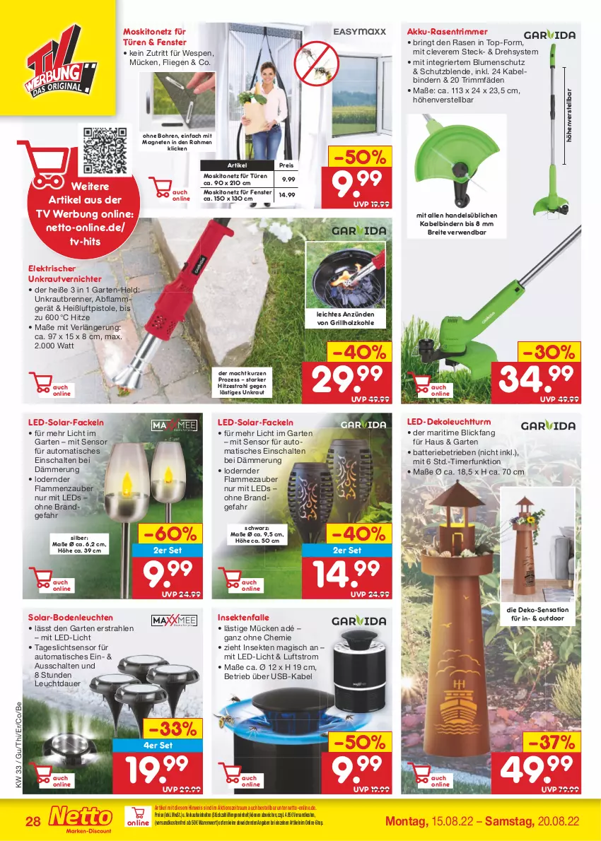 Aktueller Prospekt Netto Marken-Discount - Filial-Angebote - von 15.08 bis 20.08.2022 - strona 28 - produkty: akku, auer, auto, batterie, blume, blumen, Brei, eis, fenster, Garten, grill, grillholzkohle, Holz, holzkohle, Kraut, lamm, led-licht, leds, Leuchte, leuchten, Liege, mac, moskitonetz, ndk, rasen, rasentrimmer, reis, ring, rwe, Schal, sekt, Ti, timer, tisch, unkrautvernichter, usb, versandkostenfrei