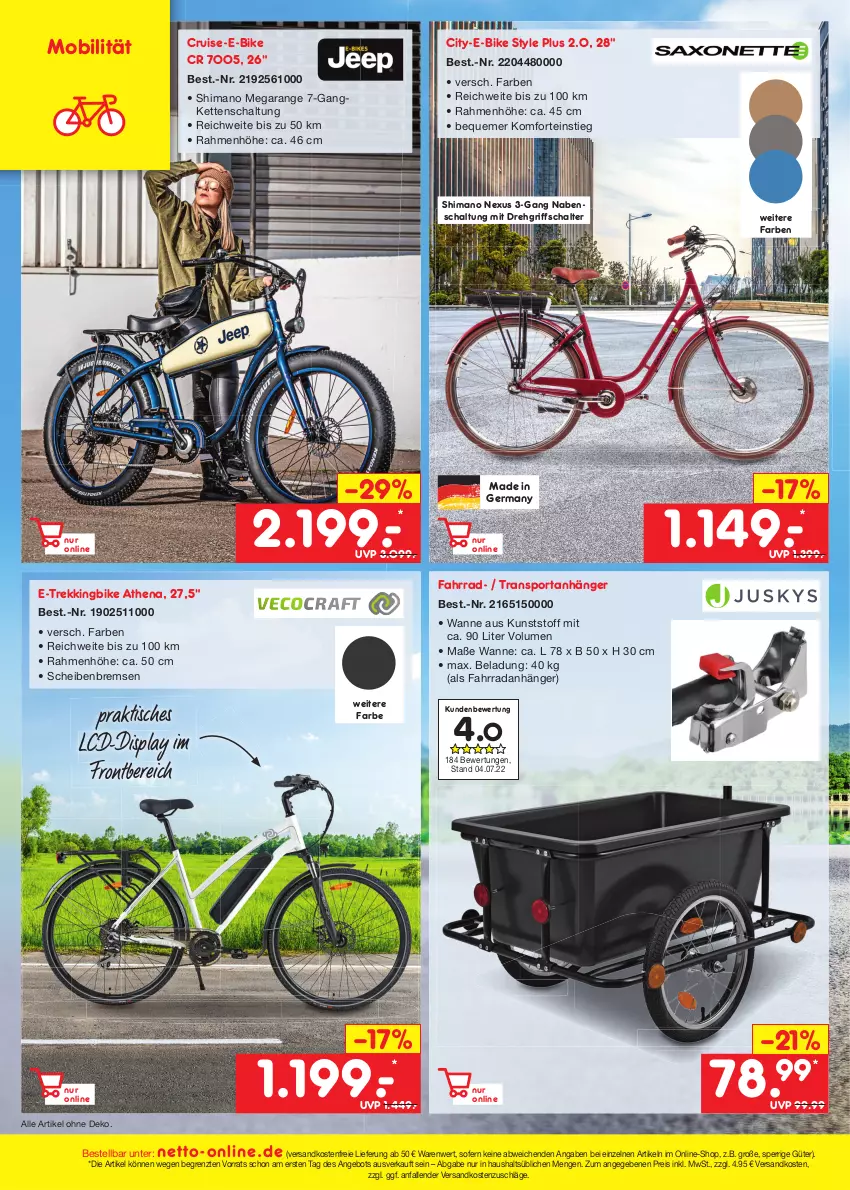 Aktueller Prospekt Netto Marken-Discount - Filial-Angebote - von 15.08 bis 20.08.2022 - strona 50 - produkty: angebot, Anhänger, drehgriffschalter, E-Bike, eis, Fahrrad, Germ, Kette, mit drehgriffschalter, ndk, nexus, reis, Schal, shimano, Sport, Ti, tisch, versandkostenfrei, Wanne, ZTE