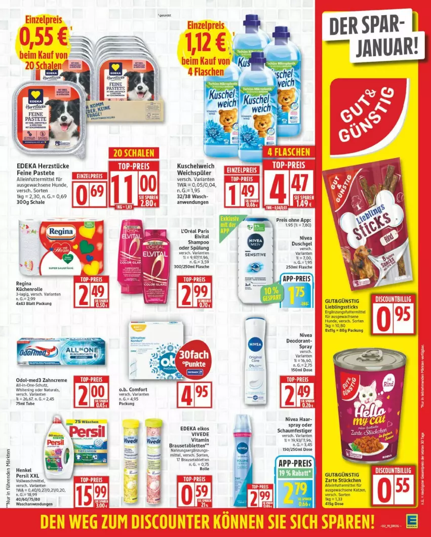 Aktueller Prospekt Edeka - Prospekte - von 05.01 bis 10.01.2026 - strona 19 - produkty: arla, brause, Brausetabletten, creme, deka, duschgel, eis, elkos, elvital, flasche, gin, küche, Küchen, Kuschelweich, LG, natur, natura, nivea, Odol, pastete, reis, Ria, Schal, Schale, shampoo, shampoo oder spülung, spülung, tablet, tablett, Tablette, tee, Ti, vita, Vitamin B, weichspüler, zahncreme