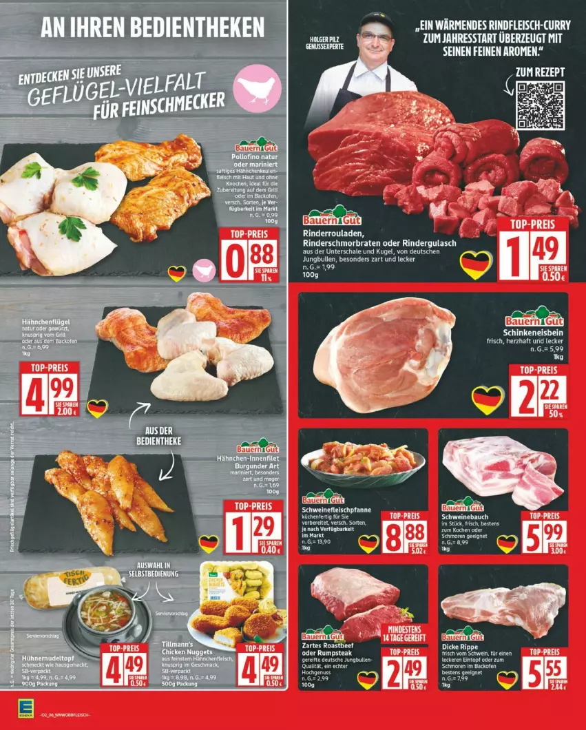 Aktueller Prospekt Edeka - Prospekte - von 05.01 bis 10.01.2026 - strona 6 - produkty: auer, Bau, Bauer, braten, eis, elle, ente, filet, jungbullen, küche, Küchen, Kugel, LG, reis, rind, rinder, Rinderroulade, rinderrouladen, rouladen, rwe, Schal, Schale, schinken, schmorbraten, schwein, schweine, Schweinebauch, Ti, top-preis, wein, weine