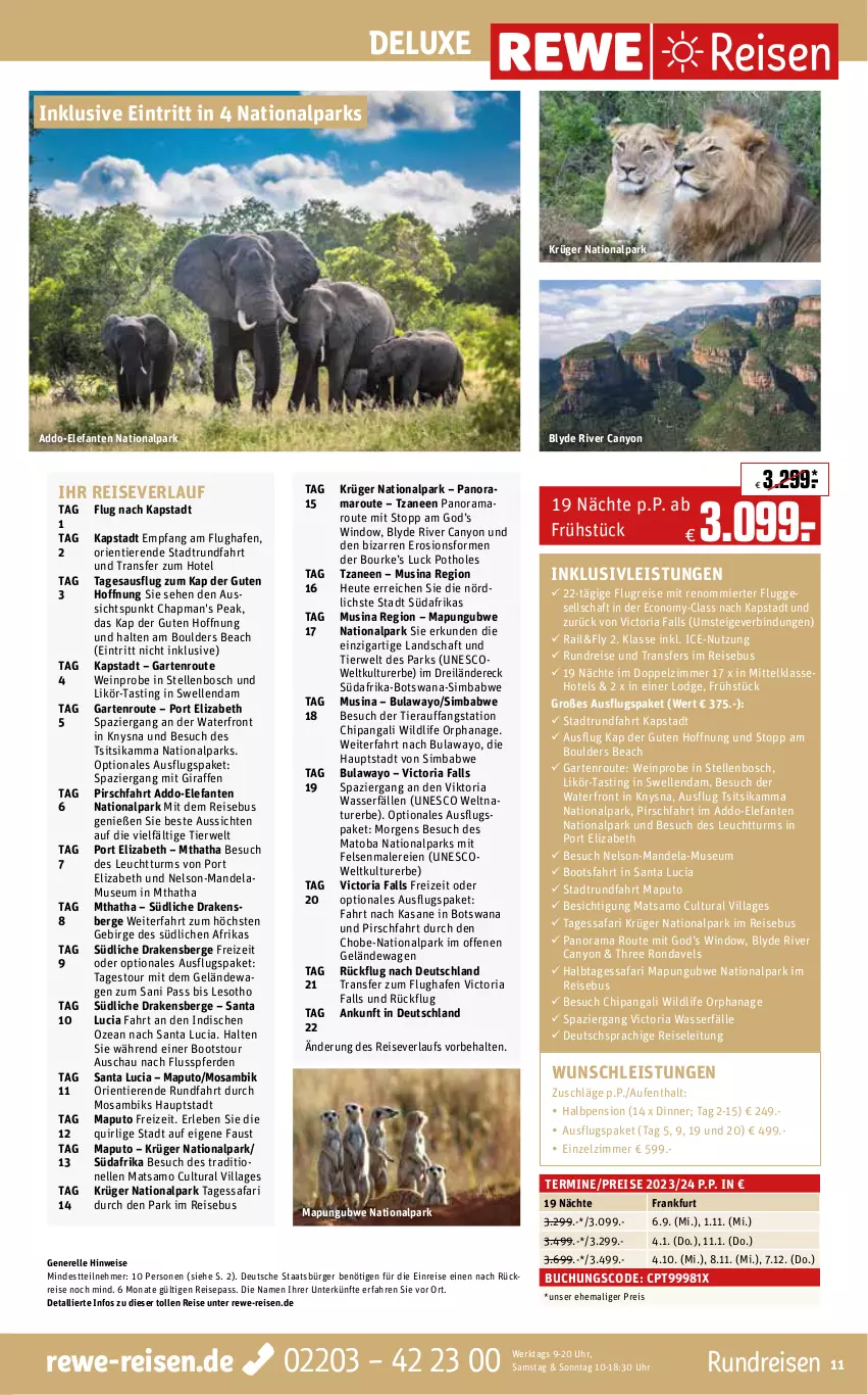 Aktueller Prospekt Rewe Reisen - Reiseprospekt - von 28.04 bis 26.05.2023 - strona 11 - produkty: amaro, asti, aust, bosch, buch, deutschsprachige reiseleitung, eis, Elefant, elle, erde, Garten, Heu, inklusivleistungen, krüger, likör, mandel, natur, rama, reis, reiseverlauf, rel, Ria, rwe, sim, simba, Ti, Tiere, uhr, wasser, wein, Wild, Yo