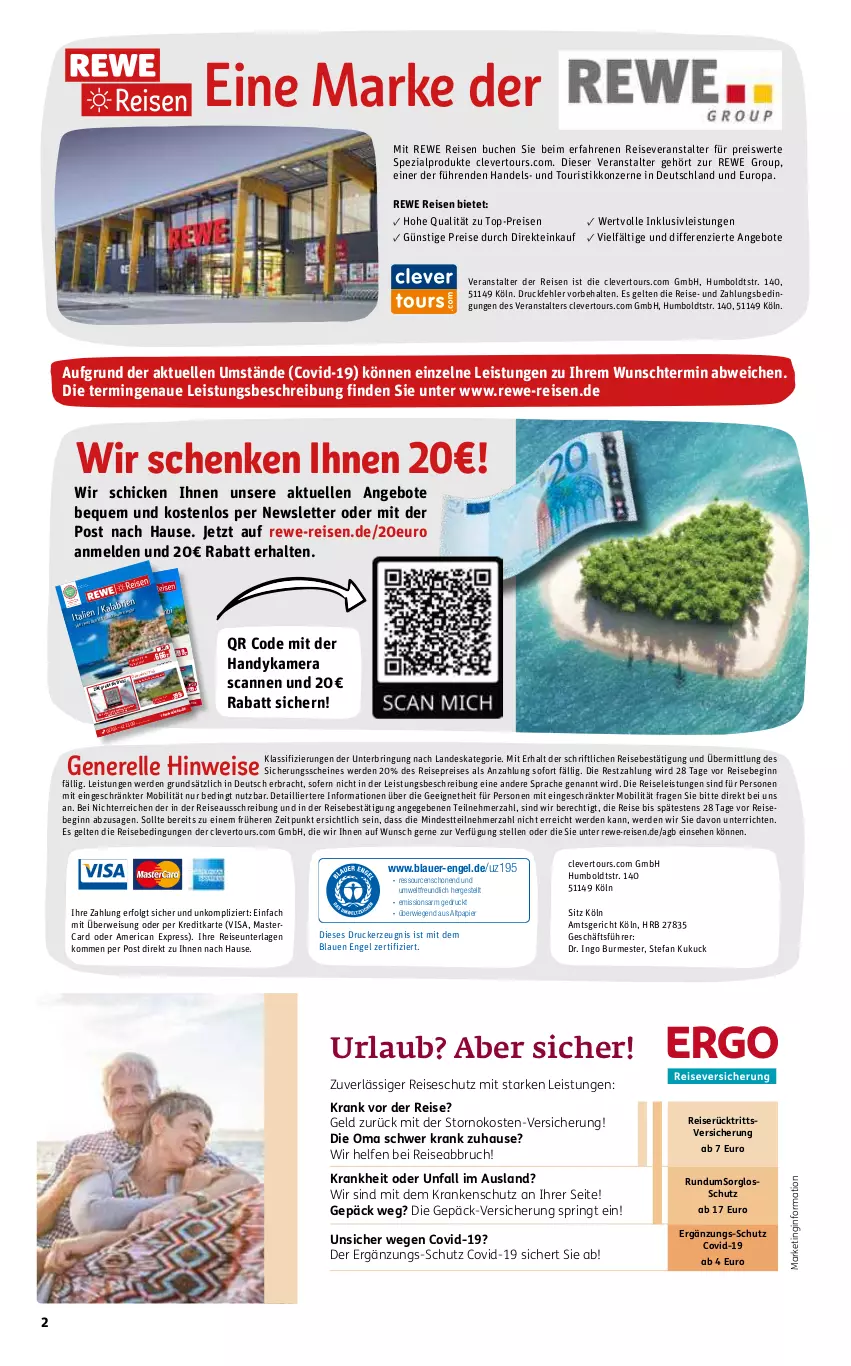 Aktueller Prospekt Rewe Reisen - Reiseprospekt - von 28.04 bis 26.05.2023 - strona 2 - produkty: alpro, angebot, angebote, auer, brie, buch, drucker, eier, eis, elle, Engel, erde, gin, Handy, inklusivleistungen, kamera, kerze, LG, mastercard, papier, reis, reiseveranstalter, rel, ring, Spezi, Ti, tisch, top-preis, uhr