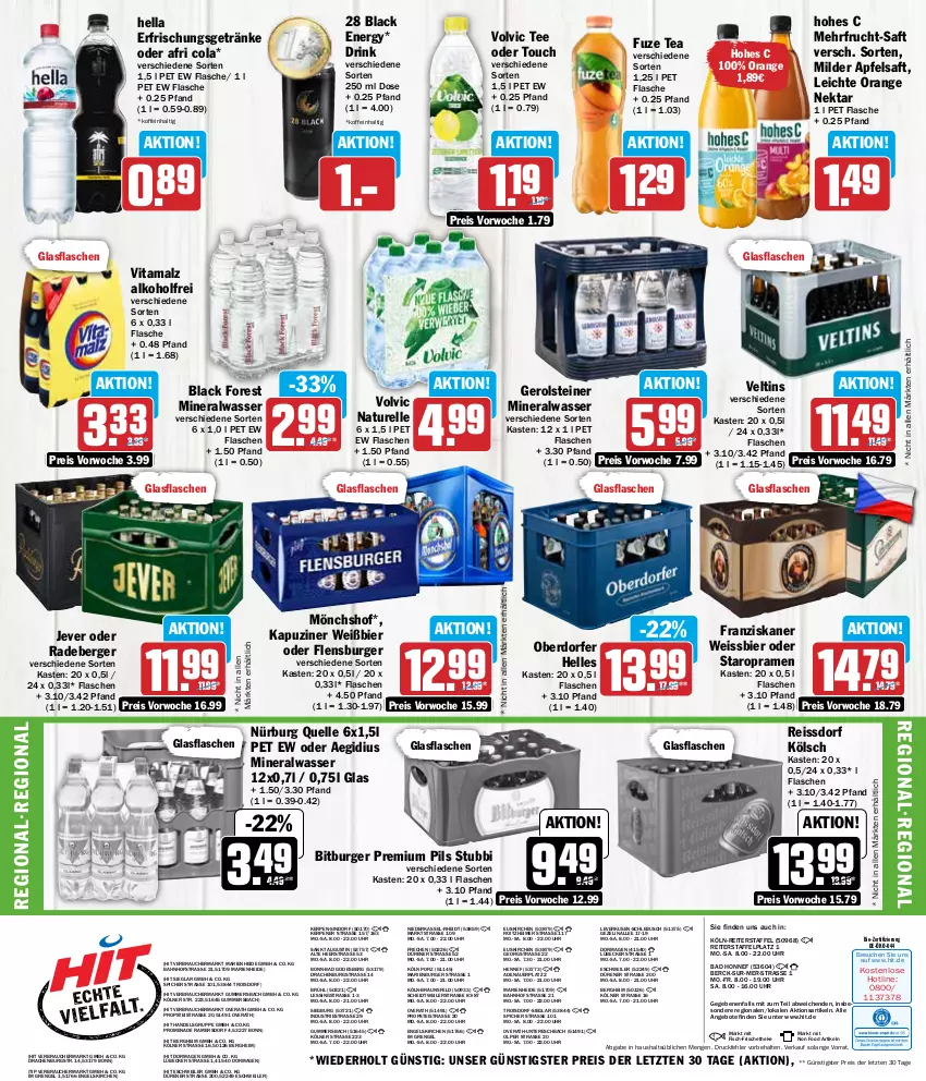 Aktueller Prospekt Hit - Wochenprospekt - von 11.03 bis 16.03.2024 - strona 16 - produkty: aeg, Afri Cola, alkohol, Alwa, angebot, angebote, apfel, apfelsaft, auer, Bad, Berger, bier, bio, bitburger, black forest, braun, burger, cola, drink, eimer, eis, elle, Engel, erfrischungsgetränk, erfrischungsgetränke, fisch, flasche, flensburger, franziskaner, frucht, fuze tea, gerolsteine, gerolsteiner, getränk, getränke, glasflasche, hella, Hohes C, jever, lack, Lübecker, malz, mineralwasser, mönchshof, natur, Nektar, orange, pils, premium pils, radeberger, Rauch, reis, reiss, rel, saft, ssd, Staropramen, steiner, tee, Ti, uhr, veltins, vita, vitamalz, volvic, wasser, weissbier, ZTE