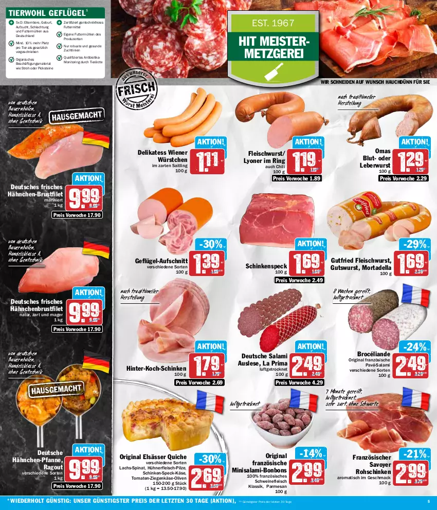 Aktueller Prospekt Hit - Wochenprospekt - von 11.03 bis 16.03.2024 - strona 5 - produkty: auer, aufschnitt, Bau, Bauer, bio, bonbons, brustfilet, chili, dell, eis, elle, ente, filet, fleisch, fleischwurst, Geflügel, gin, gutfried, hähnchen-brustfilet, hähnchenbrust, hähnchenbrustfilet, hühner, im zarten saitling, Käse, lachs, leberwurst, lyoner, mac, Meister, monitor, mortadella, natur, nerf, nuss, olive, oliven, pfanne, pilze, Quiche, Ragout, reis, Ria, ring, rohschinken, salami, schinken, schinkenspeck, schwein, schweine, schweinefleisch, Speck, spinat, Ti, Tiere, tisch, tomate, tomaten, wein, weine, wiener, wiener würstchen, wurst, würstchen, Yo, ziegenkäse, ZTE