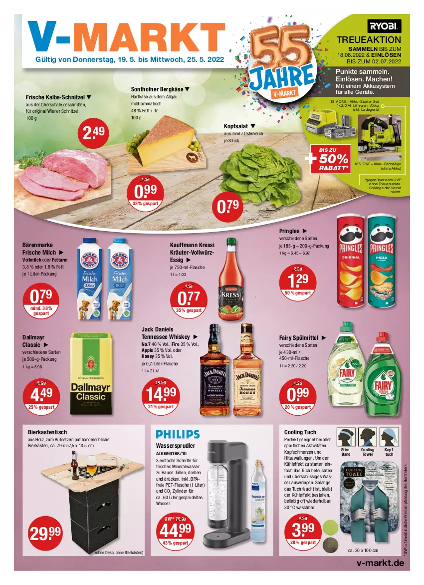 Aktueller Prospekt Vmarkt - V-Markt - von 19.05 bis 25.05.2022 - strona 1 - produkty: akku, Alwa, Apple, bärenmarke, Bergkäse, bier, dallmayr, eis, elle, essig, fairy, flasche, frische milch, gin, hartkäse, Holz, jack daniel, jack daniels, Käse, kopfsalat, kräuter, kressi, ladegerät, LG, mac, milch, mineralwasser, pet-flasche, pringles, reis, ring, säge, salat, Schal, Schale, schnitten, schnitzel, Sport, Sprudel, spülmittel, stichsäge, teller, tennessee whiskey, Ti, tisch, tuc, vollmilch, wasser, wassersprudler, whiskey, wiener, zewa