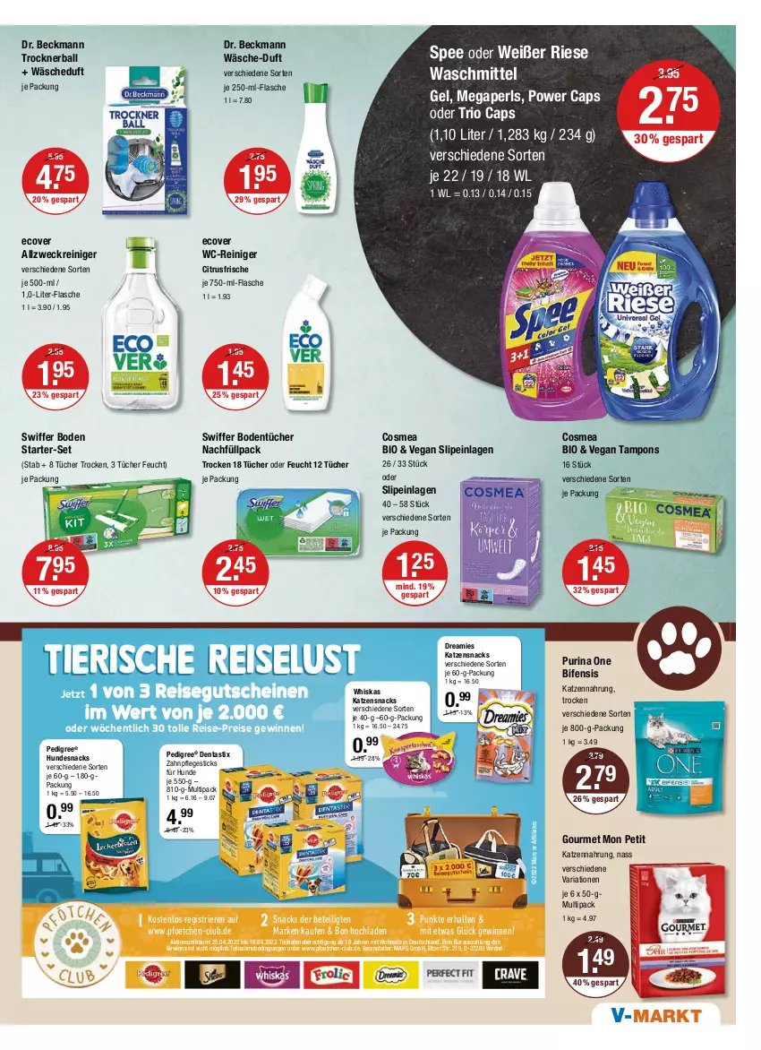 Aktueller Prospekt Vmarkt - V-Markt - von 19.05 bis 25.05.2022 - strona 11 - produkty: allzweckreiniger, asti, ball, bio, Bodentücher, Cap, citrus, cosmea, dentastix, Dr. Beckmann, dreamies, eis, erde, flasche, gutschein, gutscheine, hundesnack, hundesnacks, katzennahrung, katzensnack, katzensnacks, mars, megaperls, pedigree, purina, reiniger, reis, Ria, slip, slipeinlagen, snack, snacks, spee, swiffer, Tampon, tampons, Ti, Trockner, tücher, waschmittel, wc-reiniger, weck, whiskas