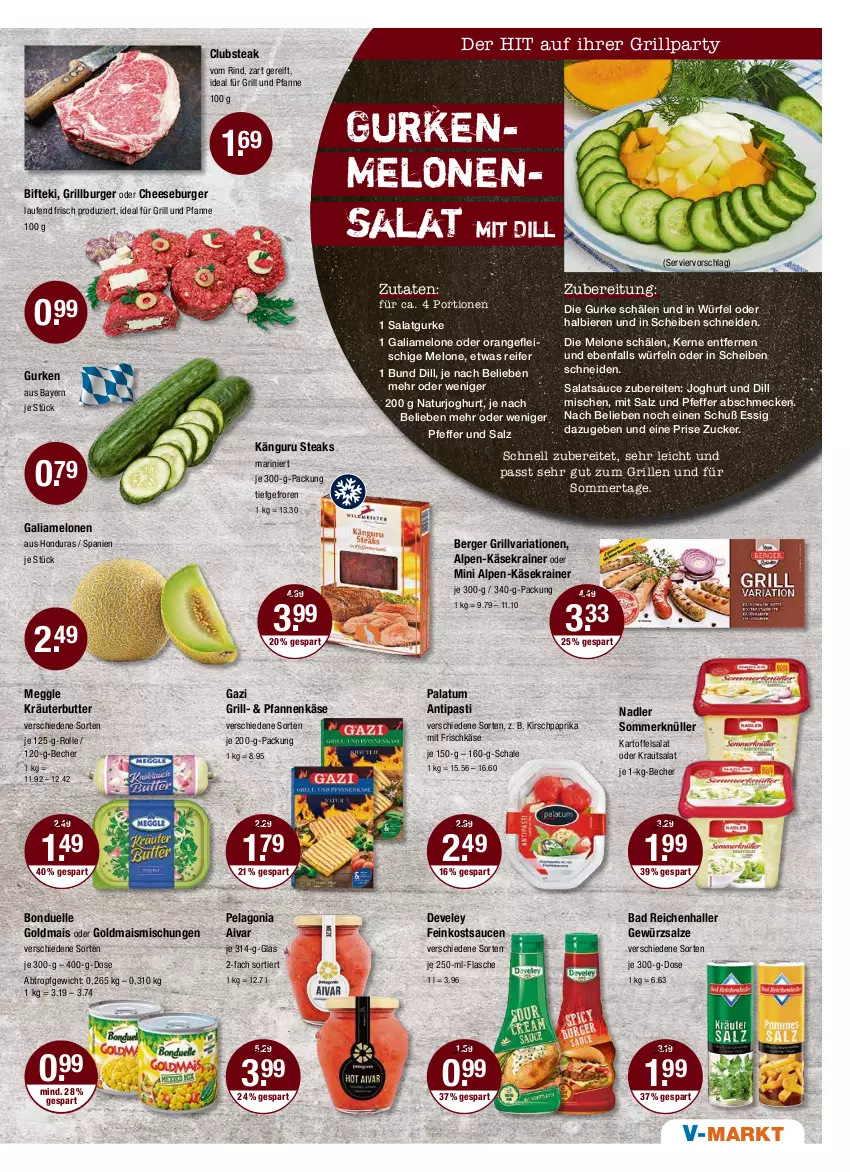 Aktueller Prospekt Vmarkt - V-Markt - von 19.05 bis 25.05.2022 - strona 13 - produkty: antipasti, asti, Bad, Becher, Berger, bier, Biere, Bifteki, bonduelle, bonduelle goldmais, burger, butter, develey, eis, elle, essig, feinkost, flasche, fleisch, frischkäse, für grill und pfanne, galiamelone, gewürz, gewürzsalz, Goldmais, goldmais oder, grill, grill und pfanne, gurke, gurken, HP, ideal für grill, ideal für grill und pfanne, joghur, joghurt, kartoffel, kartoffelsalat, Käse, Käsekrainer, kirsch, Kraut, kräuter, kräuterbutter, krautsalat, Laufen, mais, meggle, melone, melonen, nadler, natur, naturjoghurt, orange, paprika, pfanne, pfannen, pfannenkäse, pfeffer, Ria, rind, salat, Salatgurke, salatsauce, salz, sauce, saucen, Schal, Schale, steak, steaks, Ti, und pfanne, würfel, zucker