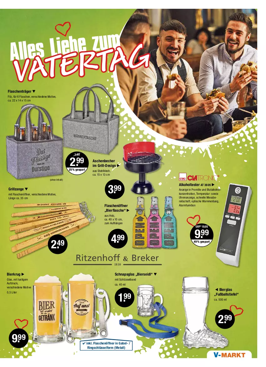 Aktueller Prospekt Vmarkt - V-Markt - von 19.05 bis 25.05.2022 - strona 19 - produkty: alkohol, ball, Becher, bier, elle, flasche, flaschenöffner, Fußball, gabel, grill, grillzange, Holz, Lusti, ring, Ti, tisch, uhr