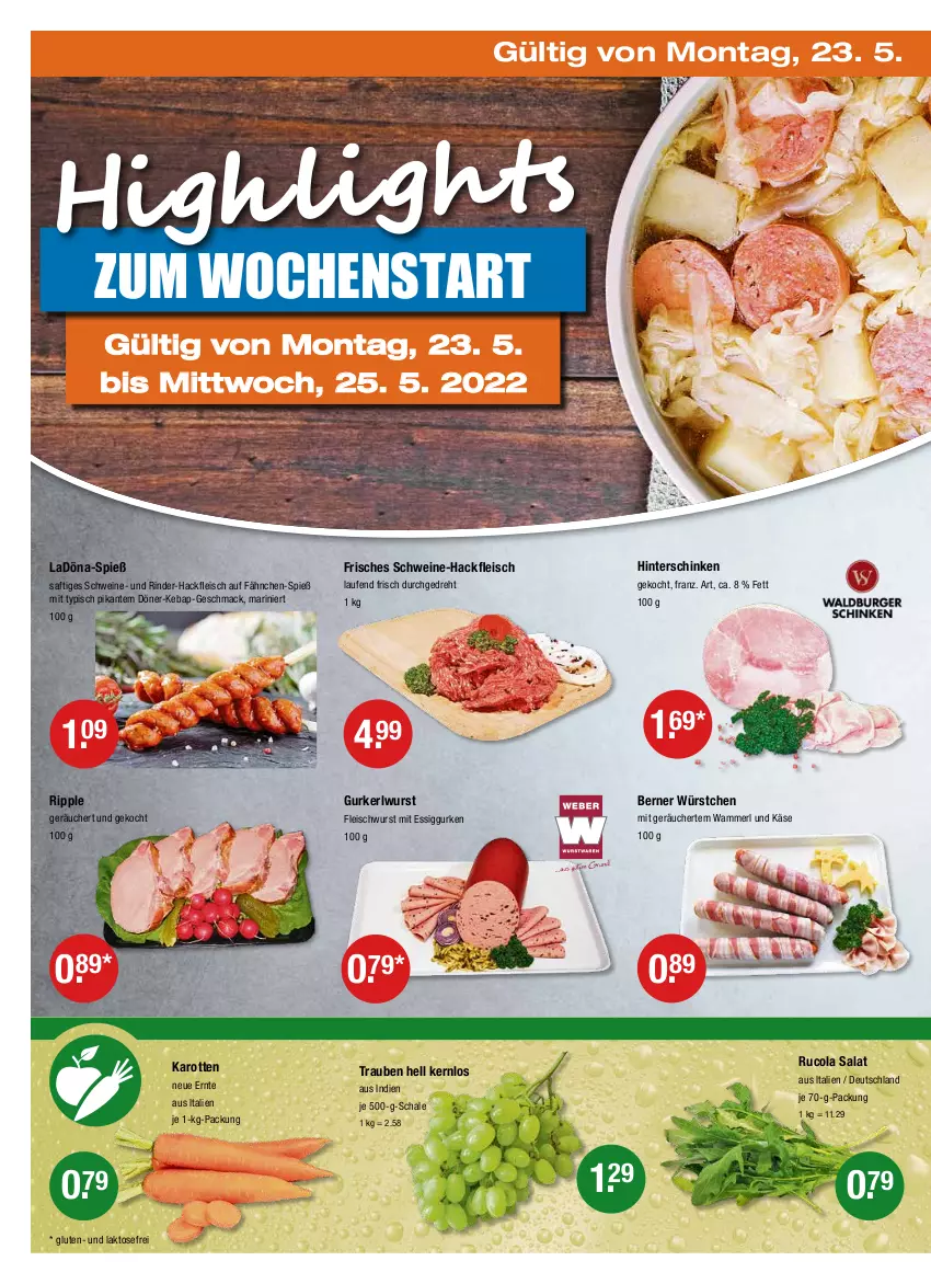 Aktueller Prospekt Vmarkt - V-Markt - von 19.05 bis 25.05.2022 - strona 22 - produkty: cola, eis, essig, fleisch, fleischwurst, gurke, gurken, hackfleisch, hinterschinken, karotten, Käse, Laufen, mac, merl, rind, rinder, rinder-hackfleisch, rucola, saft, salat, Schal, Schale, schinken, schwein, schweine, Ti, trauben, wein, weine, wurst, würstchen