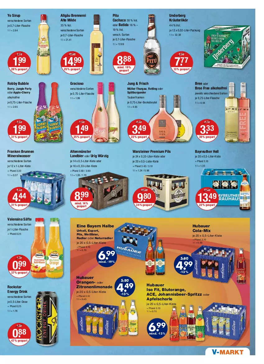 Aktueller Prospekt Vmarkt - V-Markt - von 19.05 bis 25.05.2022 - strona 9 - produkty: alkohol, Altenmünster, Alwa, apfel, Apfelschorle, Apple, auer, batida, Bau, Bauer, beutel, bier, Blutorange, bree, brunnen, burgunder, Cachaca, cola, drink, energy drink, flasche, franken brunnen, gracioso, je 1-liter-flasche, je 12 x 1-liter-kiste, kräuter, kräuterlikör, LG, likör, limo, limonade, mineralwasser, Müller, Müller-Thurgau, natur, orange, orangen, pils, premium pils, radler, robby, Rockstar, säfte, schorle, sirup, spätburgunder, steiner, Ti, underberg, valensina, warsteiner, wasser, Yo, zitrone, zitronen