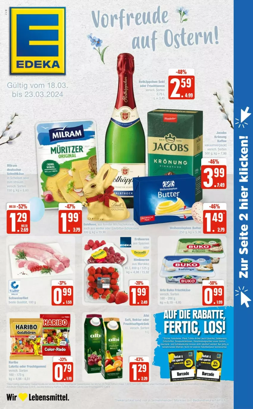 Aktueller Prospekt Edeka - Prospekte - von 18.03 bis 23.03.2024 - strona 1 - produkty: deka, gin, lebensmittel