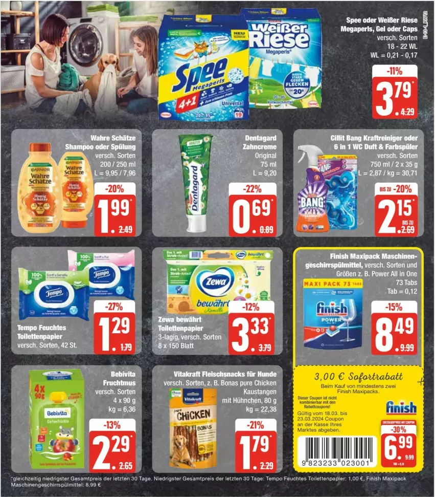 Aktueller Prospekt Edeka - Prospekte - von 18.03 bis 23.03.2024 - strona 21 - produkty: aust, Bona, Cap, coupon, eier, eis, feuchtes toilettenpapier, Finish, fleisch, geschirr, geschirrspülmittel, kraft, megaperls, papier, reis, snack, snacks, sofortrabatt, spee, spülmittel, tee, Tempo, Ti, toilettenpapier, vita, vitakraft, ZTE