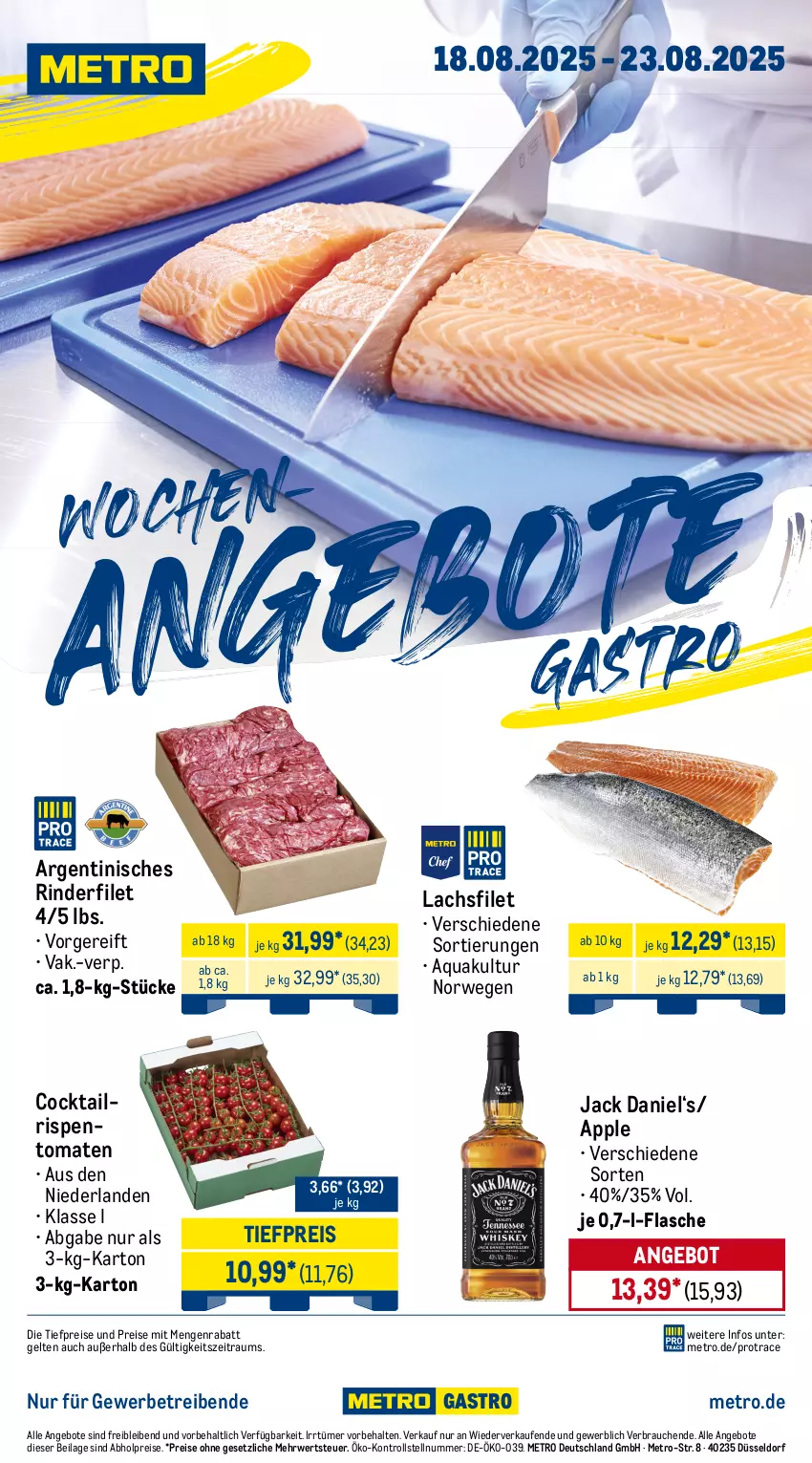 Aktueller Prospekt Metro - Wochen-Angebote Gastro - von 18.08 bis 23.08.2025 - strona 1 - produkty: abholpreise, angebot, angebote, Apple, aqua, cocktail, eis, filet, flasche, ilag, jack daniel, lachs, lachsfilet, Metro, Rauch, reis, rind, rinder, rinderfilet, rispentomaten, rwe, Ti, tiefpreis, tomate, tomaten