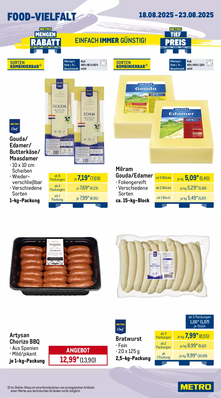 Aktueller Prospekt Metro - Wochen-Angebote Gastro - von 18.08 bis 23.08.2025 - strona 10 - produkty: angebot, beutel, bratwurst, butter, butterkäse, chorizo, dell, edamer, eis, elle, geback, gin, gouda, grill, Käse, langnese, Maasdam, maasdamer, mac, mccain, milch, milram, nogger, pommes, Pommes Frites, reis, Ti, vita, wurst, zucchini