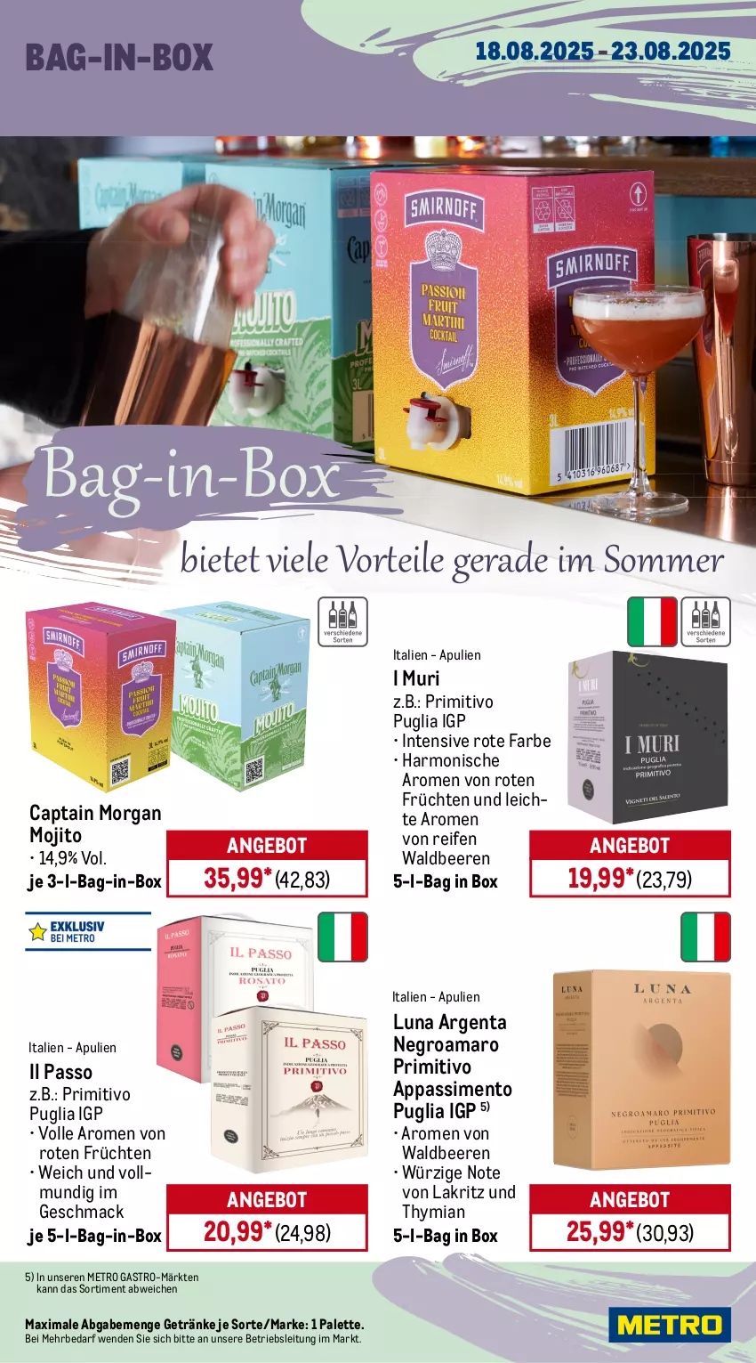 Aktueller Prospekt Metro - Wochen-Angebote Gastro - von 18.08 bis 23.08.2025 - strona 14 - produkty: amaro, angebot, aprikose, aprikosen, bag-in-box, beere, beeren, Cap, captain morgan, Casali, dell, eis, elle, ernesto, flasche, frucht, früchte, früchten, getränk, getränke, gin, grill, grillo, kirsch, Lakritz, mac, Metro, metro gastro, mojito, monte, Montepulciano, nuss, Palette, passo, Pinot, pinot grigio, preisvorteil, primitivo, reifen, reis, ring, sim, tempranillo, Ti, tiefpreis, tisch, vanille, wein