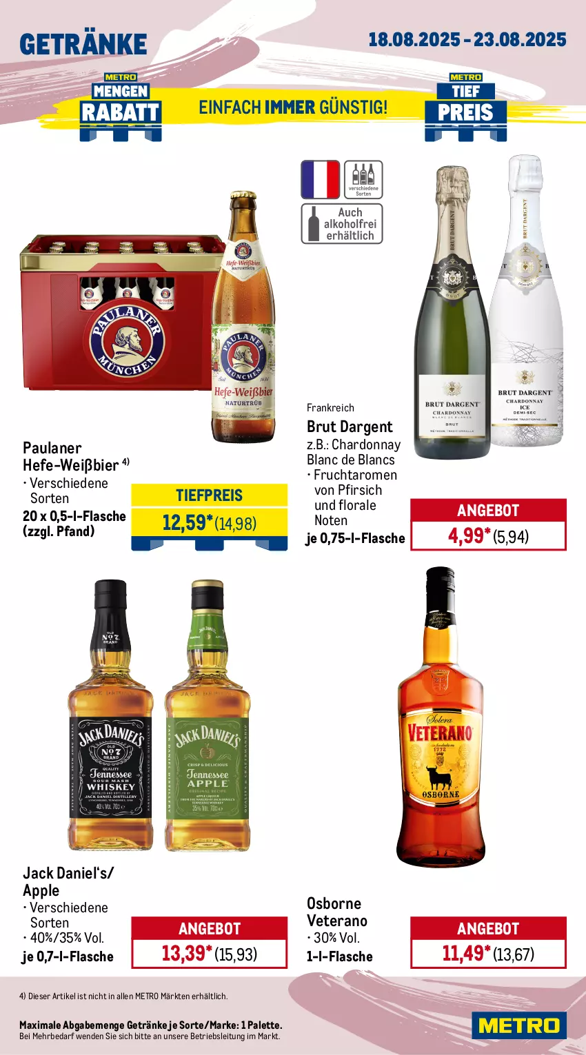 Aktueller Prospekt Metro - Wochen-Angebote Gastro - von 18.08 bis 23.08.2025 - strona 16 - produkty: akku, angebot, Apple, ariel, auer, auto, bier, brut, brut dargent, chardonnay, de blancs, eis, elle, flasche, frucht, getränk, getränke, Hefe, jack daniel, Metro, metro gastro, miele, osborne, Palette, papier, Paula, paulaner, pfirsich, Pods, reis, spee, teller, Ti, tiefpreis, toilettenpapier, veterano, vollwaschmittel, waschmittel