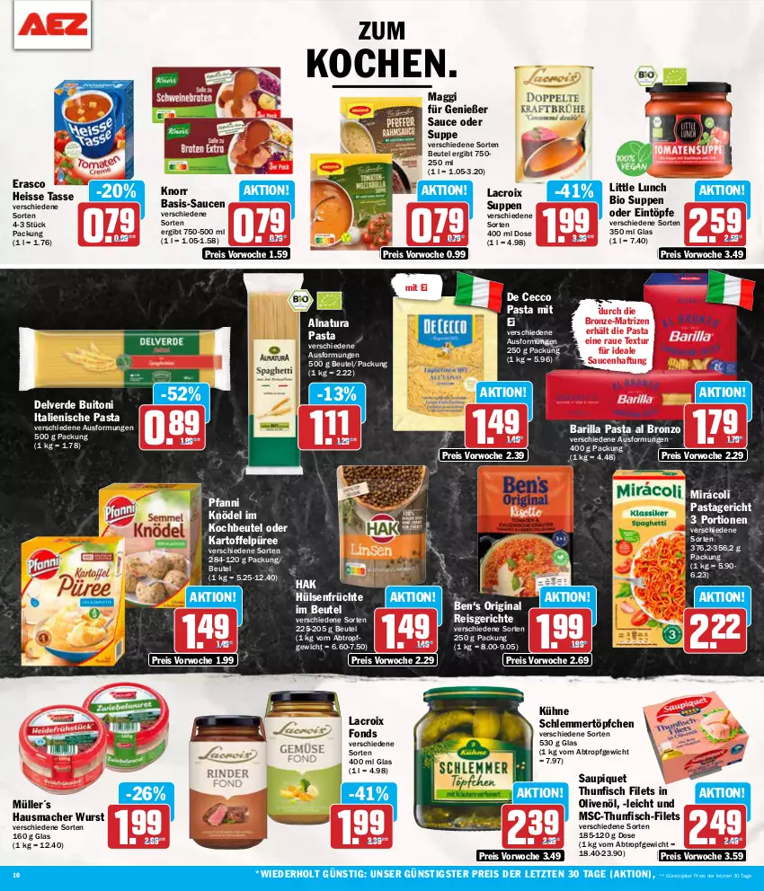 Aktueller Prospekt Aez - Prospekte - von 05.08 bis 10.08.2024 - strona 10 - produkty: barilla, beutel, bio, buitoni, De Cecco, ecco, eintöpfe, eis, erasco, erde, filet, filets, fisch, früchte, gin, Hausmacher, hülsenfrüchte, in olivenöl, italienische pasta, kartoffel, Kartoffelpüree, Knödel, knorr, kochbeutel, Kühne, mac, maggi, Mirácoli, Müller, natur, natura, olive, oliven, olivenöl, pasta, Pastagericht, pfanni, püree, reis, sauce, saucen, saupiquet, schlemmertöpfchen, senf, suppe, suppen, tasse, thunfisch, thunfisch filets, Ti, Töpfchen, wurst, ZTE