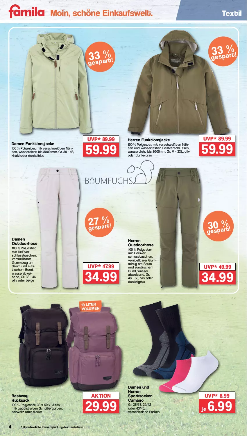 Aktueller Prospekt Famila - Prospekte - von 02.04 bis 06.04.2024 - strona 4 - produkty: asti, bestway, eis, elle, flieder, hose, Jacke, LG, reis, rucksack, sac, schultergurt, socken, Sport, sportsocken, Tasche, taschen, teller, Ti, tisch, wasser