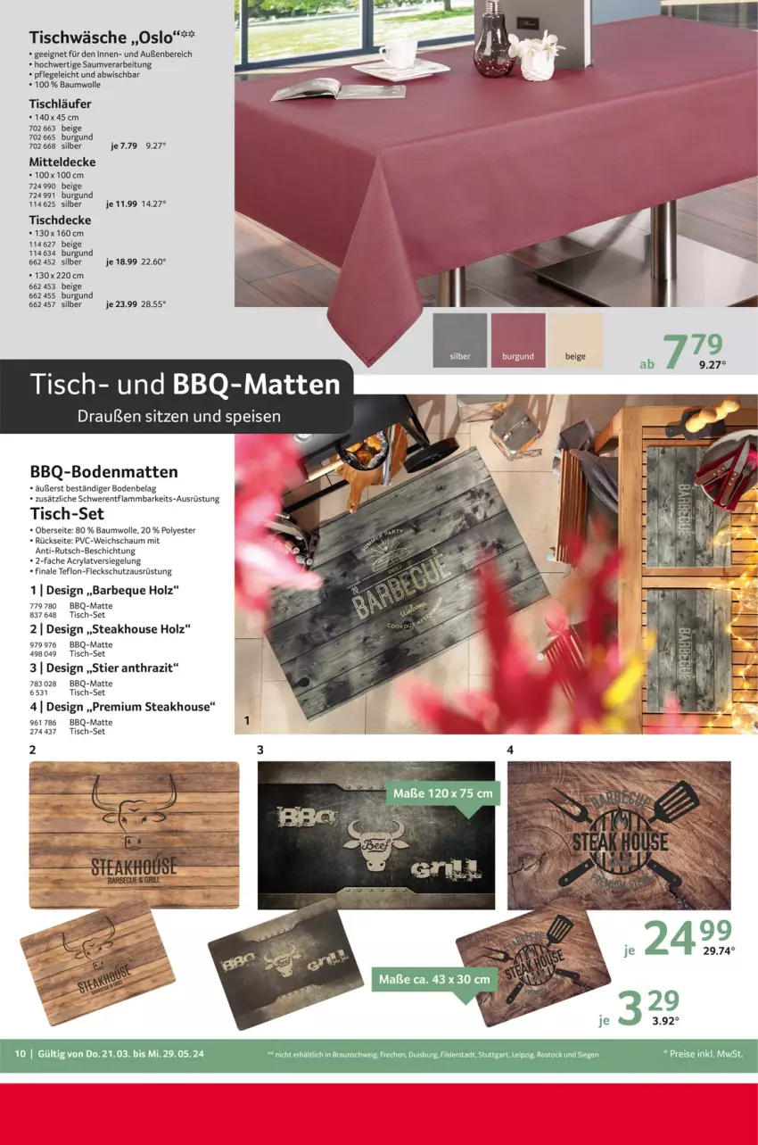 Aktueller Prospekt Selgros - Outdoor-Katalog - von 21.03 bis 29.05.2024 - strona 10 - produkty: Bau, baumwolle, Bodenmatten, braun, decke, eis, Holz, lamm, Läufer, mitteldecke, steak, Stier, Ti, tisch, tischdecke, tischläufer, Tischwäsche, wolle