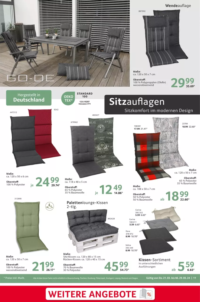 Aktueller Prospekt Selgros - Outdoor-Katalog - von 21.03 bis 29.05.2024 - strona 11 - produkty: angebot, angebote, Bau, baumwolle, eis, hohenstein, kissen, LG, Mode, Palette, Sitzauflage, Ti, wasser, wolle