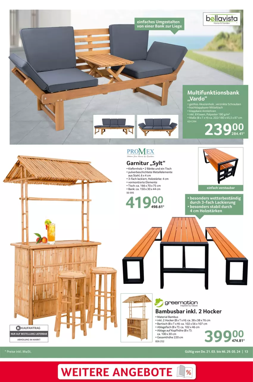 Aktueller Prospekt Selgros - Outdoor-Katalog - von 21.03 bis 29.05.2024 - strona 13 - produkty: armlehnen, bambus, Bank, Bartisch, eis, ente, garnitur, Garten, greemotion, hocker, Holz, kissen, lack, Liege, natur, reis, Ria, schrauben, tee, Ti, tisch, usb, Yo