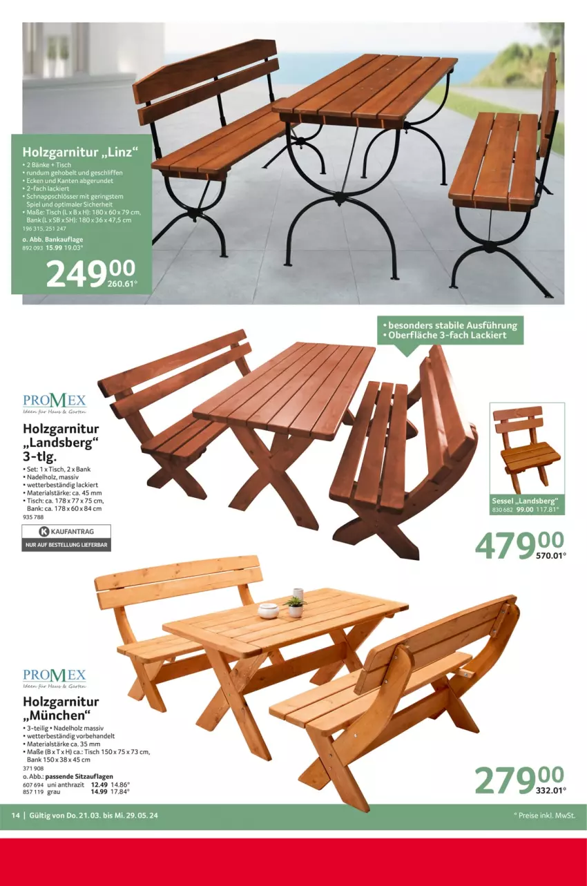 Aktueller Prospekt Selgros - Outdoor-Katalog - von 21.03 bis 29.05.2024 - strona 14 - produkty: Bank, garnitur, Holz, lack, Ria, Sitzauflage, Ti, tisch