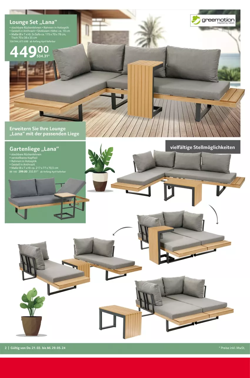 Aktueller Prospekt Selgros - Outdoor-Katalog - von 21.03 bis 29.05.2024 - strona 2 - produkty: eis, Garten, gartenliege, greemotion, Holz, kissen, Liege, natur, pril, reis, rückenlehne, rwe, sitzkissen, Sofa, Ti, tisch