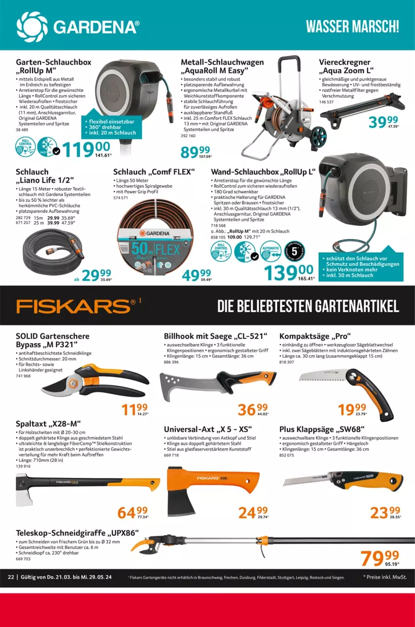 Aktueller Prospekt Selgros - Outdoor-Katalog - von 21.03 bis 29.05.2024 - strona 22 - produkty: aeg, aqua, braun, brause, eier, elle, ente, fiskars, gardena, garnitur, Garten, Gartenschere, gin, Holz, kraft, LG, messer, säge, Schere, schlauch, schläuche, schlauchwagen, tee, Teleskop, Ti, tisch, Viereckregner, werkzeug