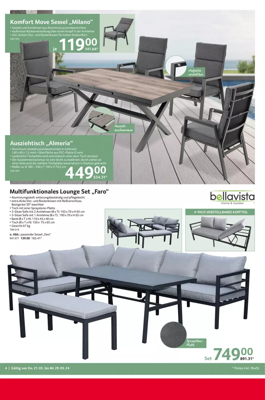 Aktueller Prospekt Selgros - Outdoor-Katalog - von 21.03 bis 29.05.2024 - strona 4 - produkty: aluminiumgestell, armlehnen, Bank, kissen, latte, Rückenkissen, sessel, Sofa, Ti, tisch