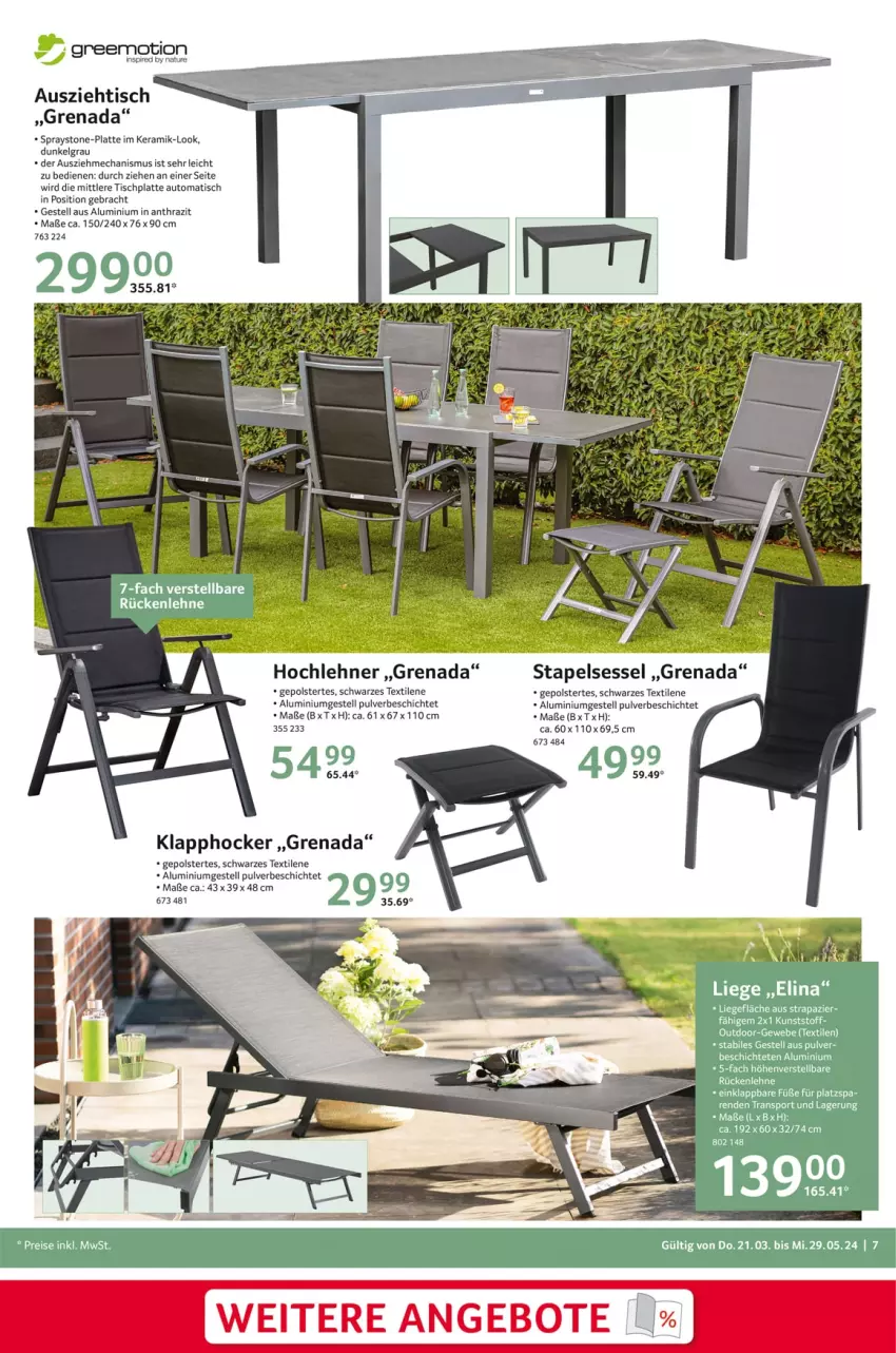 Aktueller Prospekt Selgros - Outdoor-Katalog - von 21.03 bis 29.05.2024 - strona 7 - produkty: aluminiumgestell, auto, greemotion, hocker, HP, latte, LG, Liege, natur, rückenlehne, Sport, tee, Ti, tisch, tischplatte