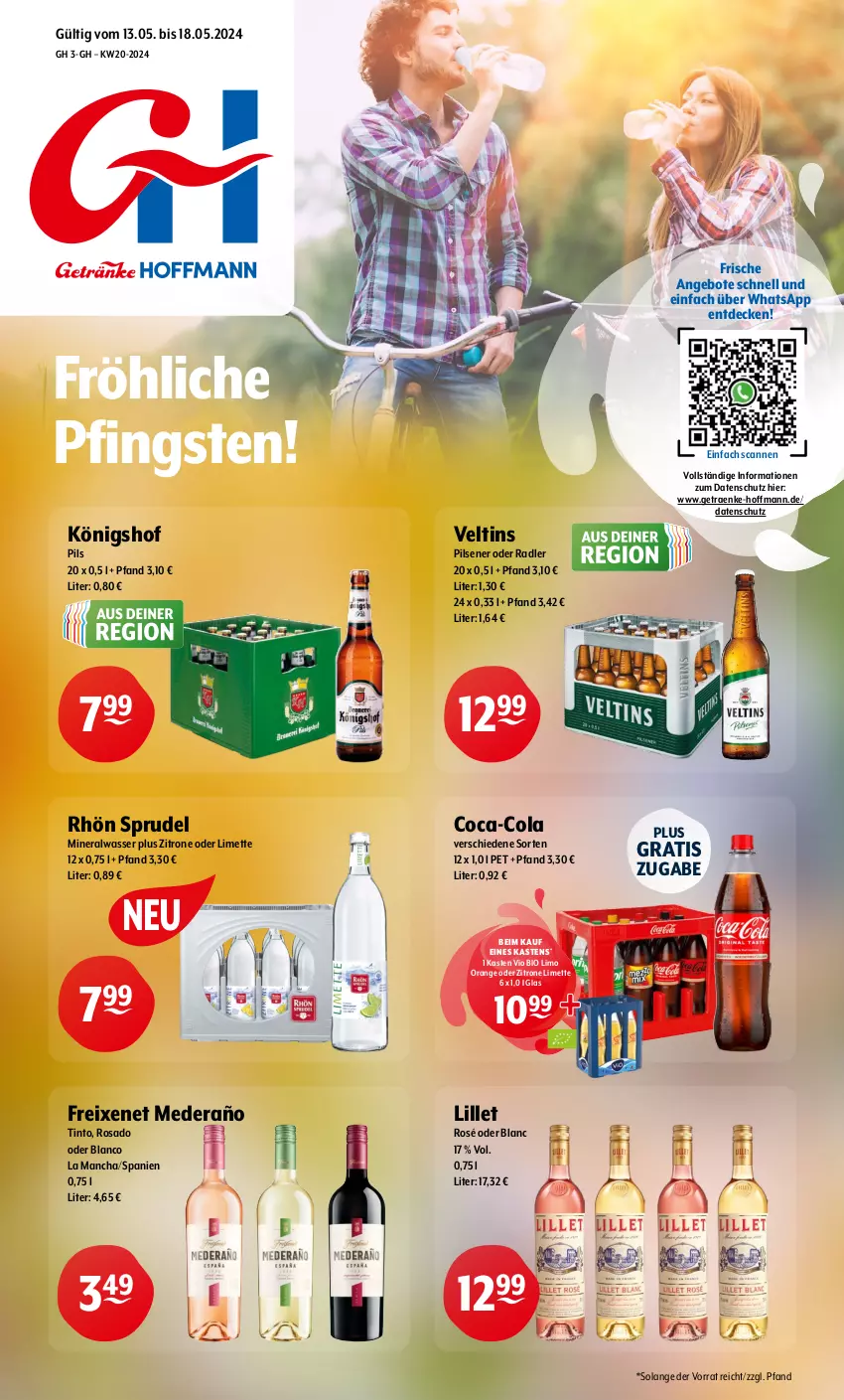 Aktueller Prospekt Getraenke Hoffmann - Prospekte - von 13.05 bis 18.05.2024 - strona 1 - produkty: Alwa, angebot, angebote, bio, bio limo, coca-cola, cola, decke, freixenet, lillet, limette, limo, Mett, mineralwasser, oder radler, orange, pils, pilsener, radler, Sprudel, Ti, veltins, veltins pilsener, vio bio limo, wasser, zitrone