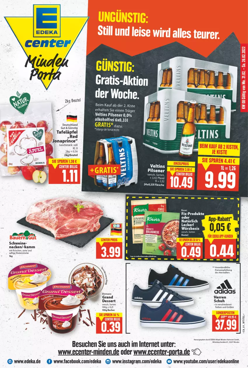 Aktueller Prospekt E Center - Angebote der Woche - von 21.02 bis 26.02.2022 - strona 1 - produkty: alkohol, Becher, beutel, braten, deka, dessert, ehrmann, eis, elle, ente, flasche, mac, pils, pilsener, reis, saft, schwein, schweine, tafeläpfel, teller, Ti, veltins, veltins pilsener, wein, weine, Yo