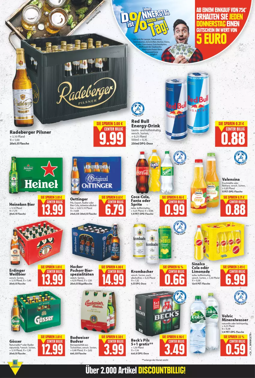 Aktueller Prospekt E Center - Angebote der Woche - von 21.02 bis 26.02.2022 - strona 11 - produkty: alkohol, Alwa, Berger, bier, budweiser, bügel, bügelflasche, coca-cola, cola, drink, eis, elle, ente, erdinger, fanta, fanta oder, fanta oder sprite, flasche, frucht, fruchtsäfte, gösser, hacker pschorr, heineken, krombache, krombacher, limo, limonade, mineralwasser, natur, Nektar, oder radler, oder sprite, oettinger, orange, pet-flasche, pils, pilsner, radeberger, radeberger pilsner, radler, red bull, rel, Ria, säfte, sinalco, Spezi, sprite, Ti, valensina, volvic, wasser