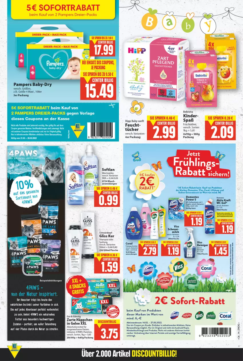 Aktueller Prospekt E Center - Angebote der Woche - von 21.02 bis 26.02.2022 - strona 13 - produkty: alleinfuttermittel, aust, baby-dry, bebivita, beispielabbildung, bio, Brei, Coral, coupon, coupons, discount, domestos, eier, eis, ente, feinwaschmittel, flasche, früchte, gelee, gin, gliss, gliss kur, Heu, hipp, Kette, Kinder, kraft, Kugel, milch, natur, pampers, Rauch, reiniger, Ria, rwe, schwarzkop, schwarzkopf, shampoo, sofort-rabatt, sofortrabatt, Softlan, spülung, Stier, Ti, tücher, vita, waschmittel, weichspüler