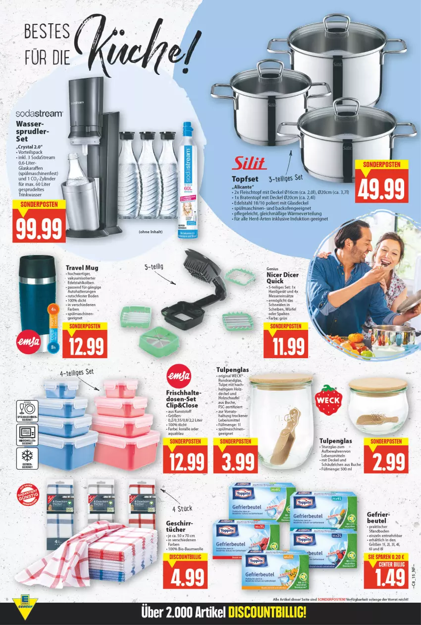 Aktueller Prospekt E Center - Angebote der Woche - von 21.02 bis 26.02.2022 - strona 15 - produkty: aqua, auto, backofen, Bau, baumwolle, beutel, bio, bio-baumwolle, braten, Bratentopf, buch, decke, Deckel, discount, edelstahl, eis, fleisch, Fleischtopf, geschirr, gin, Glasdeckel, Holz, lebensmittel, messer, Ofen, Soda, sodastream, sonderposten, Sprudel, spülmaschinen, tee, Ti, tisch, topf, Topfset, travel mug, wasser, weck, wolle, würfel